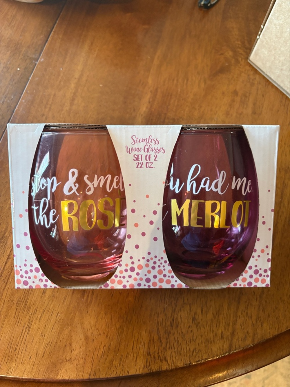 TMD Stemless Wine Glasses Set of 2 - Pink & Purple with Gold Lettering